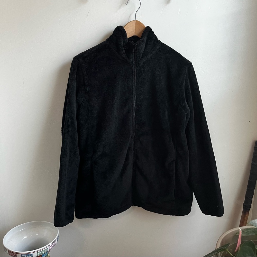 Lands’ End Black Sherpa Fleece Sz L Jacket Zip Front EUC